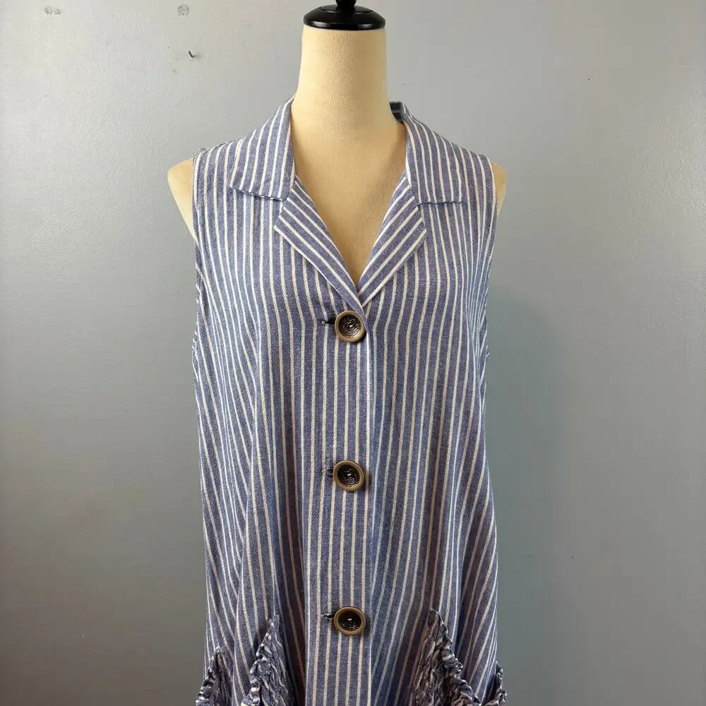 ForCynthia Striped Sleeveless Shirt Button Up Dress Linen Blend Ruched Pocket LG - Picture 4 of 10